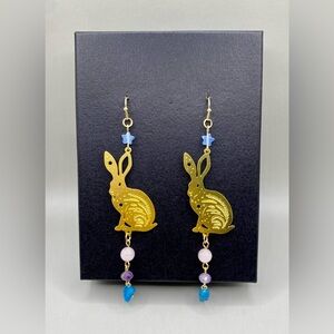 🐇💫Rose Quartz Amethyst Blue Calcite Blue Apatite Ostara Rabbit Earrings
